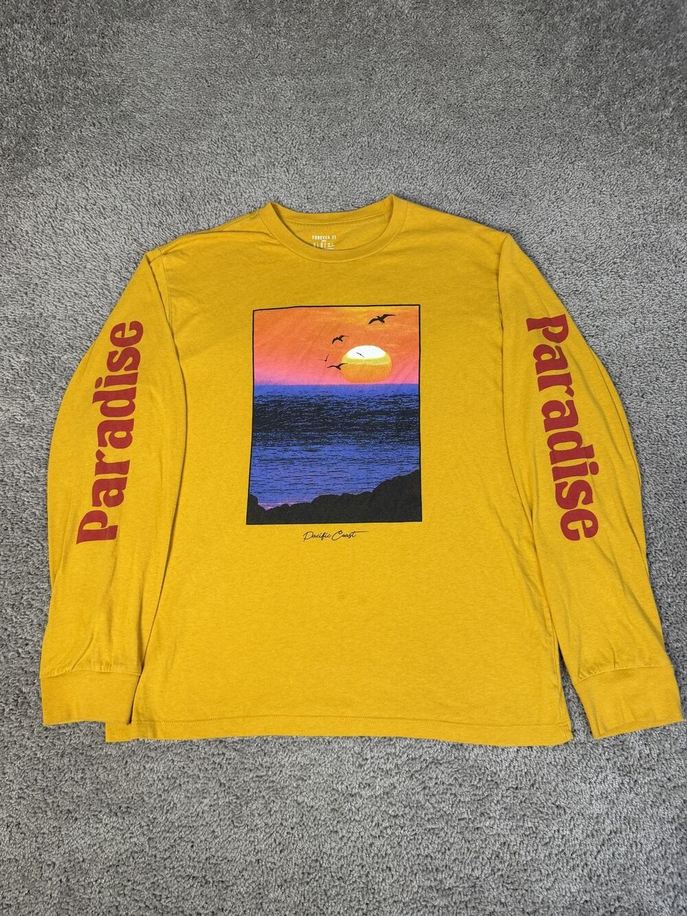 FOREVER 21 Shirt Mens L Yellow Paradise Sunset Graphic Long Sleeve Crew Neck